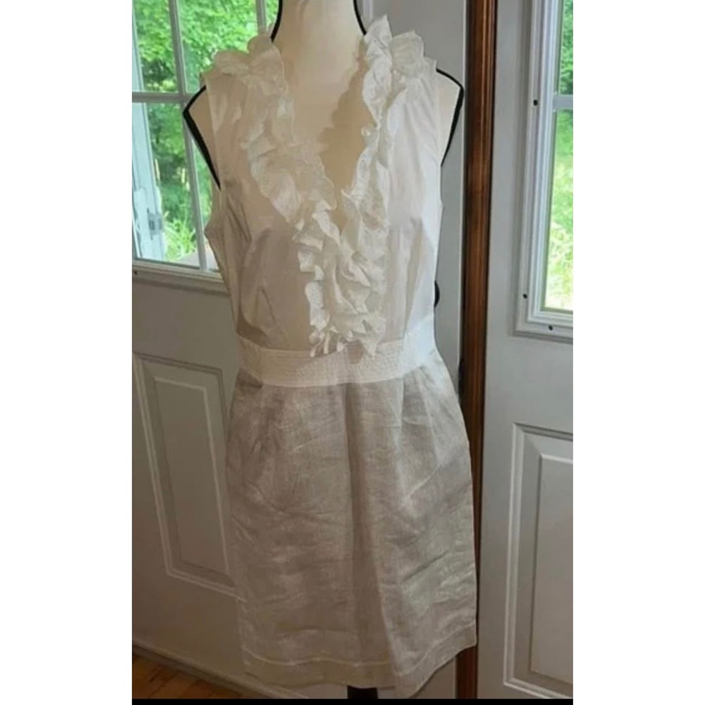 Ann Taylor LOFT White Eyelet Ruffle Metallic Silver Linen Dress 00P Petites